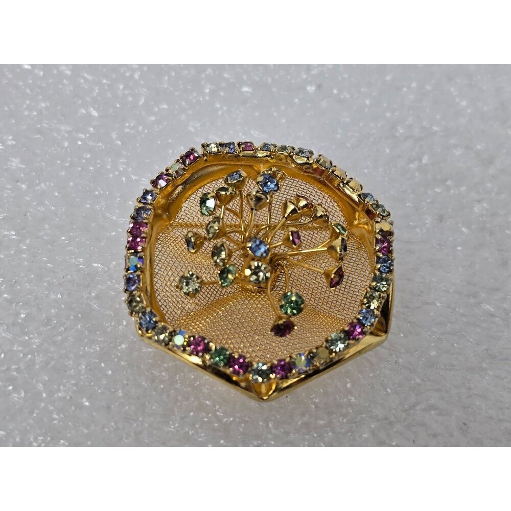 Vintage Tree of Life Brooch Gold Tone Mesh Multicolor Rhinestone Statement Pin